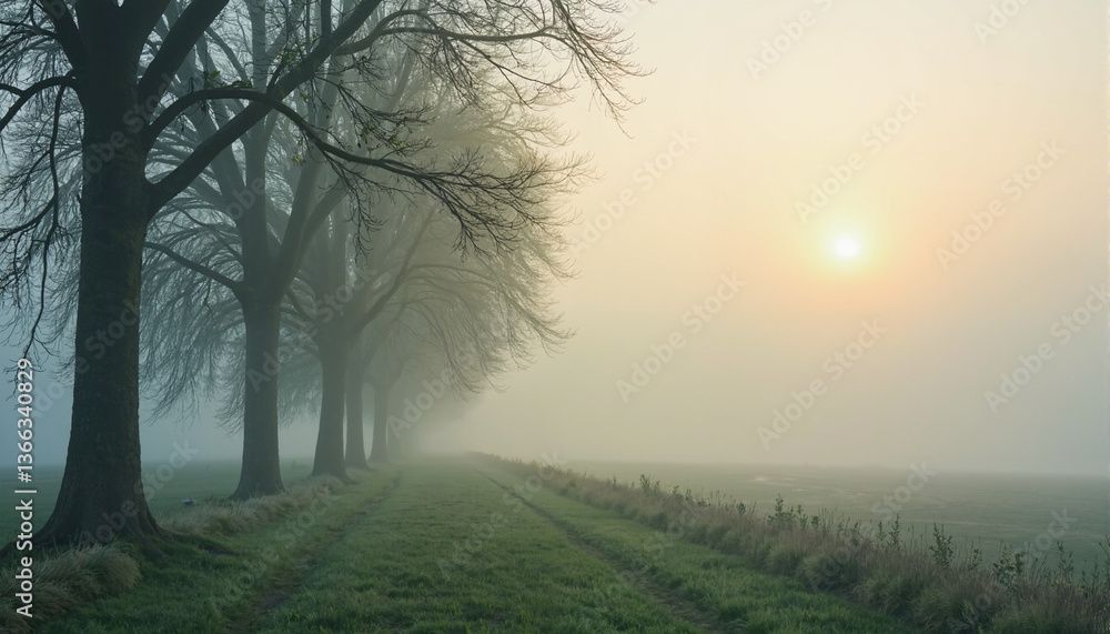 Obraz premium Misty sunrise over a tranquil tree-lined path 