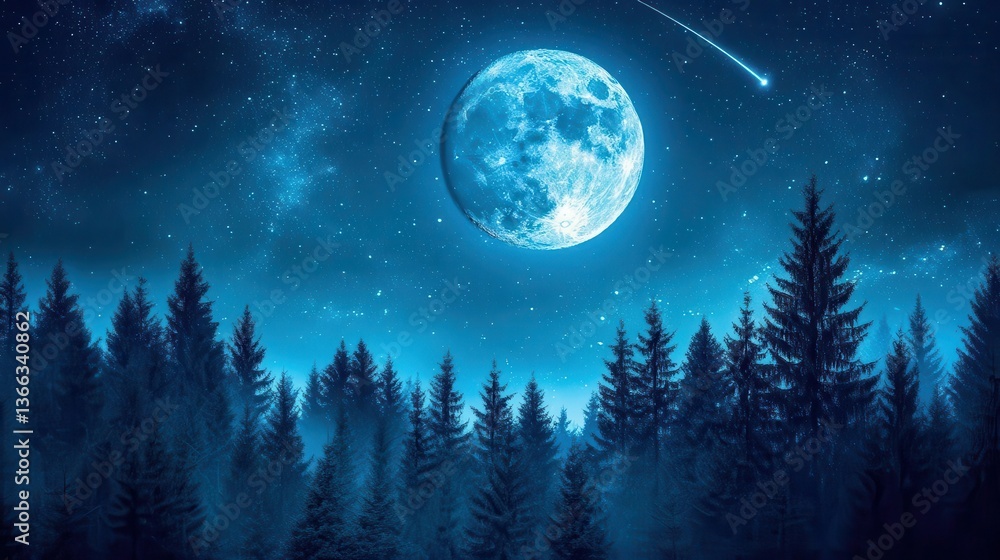 Fototapeta premium Enchanting Night Sky with Full Moon and Shooting Star Over Lush Forest Underneath Stars