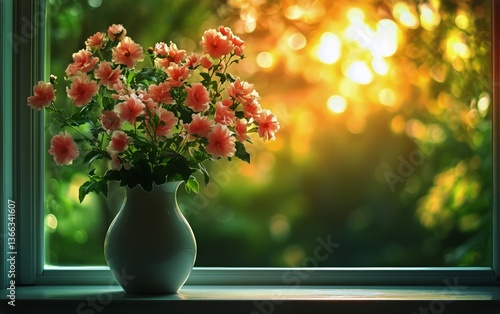 Soft Pink Flowers in a Vase on a Windowsill With Natural Background and Gentl...