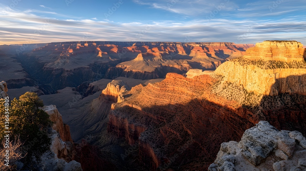 Fototapeta premium a breathtaking landscape photo of the Grand Canyon, showcasing the vastness and the stunning colors of the rock formations, with sunlight casting long shadows