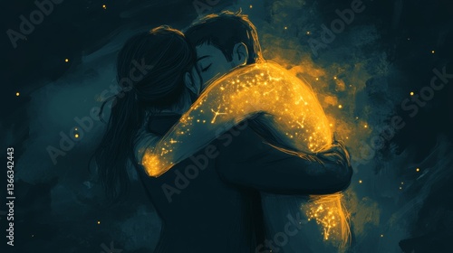 An artistic interpretation of two people embracing, with glowing golden light emanating from one figure against a dark background, creating a dreamlike atmosphere.. AI Generation
