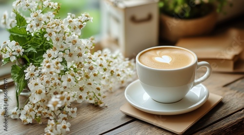 Enjoying a Warm Cup of Coffee With Fresh Flowers at a Cozy Table in the Morni...
