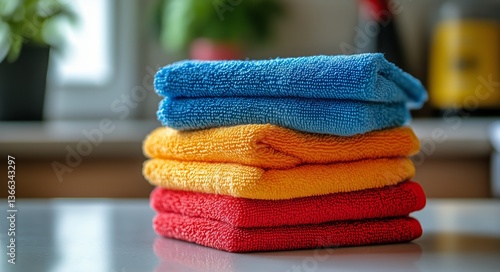 Colorful Microfiber Cloths Stacked in a Modern Kitchen During Daylight Hours