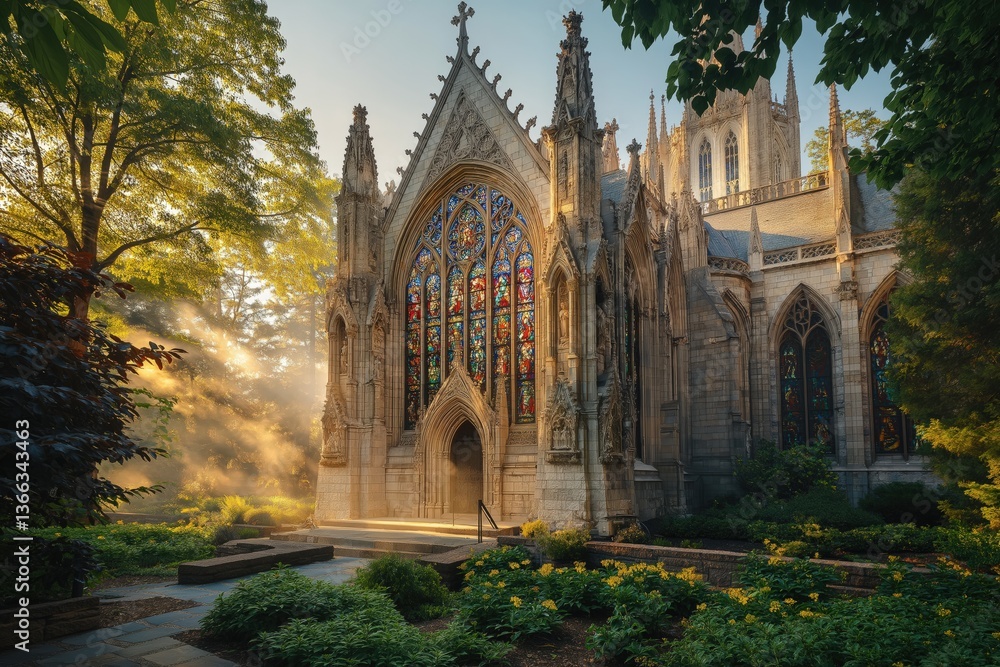 Majestic gothic cathedral with stained glass windows illuminated by golden sunlight Majestic gothic cathedral with stained glass windows illuminated by golden sunlight