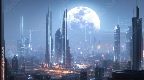 Wallpaper Mural Futuristic City Skyline Under Full Moon at Night with Illuminated Highrise Buildings and Sky Torontodigital.ca