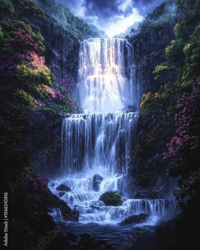 Majestic waterfall cascading down rocky cliff surrounded by lush greenery and vibrant flowers