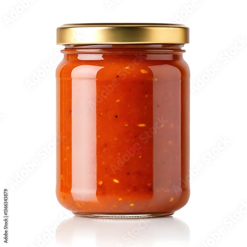 A jar of vibrant homemade tomato sauce, ready to add zest to your culinary creations, with a golden lid and clear glass jar.