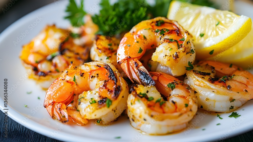 Delicious grilled shrimp served on a plate, garnished with lemon wedges and parsley Delicious grilled shrimp served on a plate, garnished with lemon wedges and parsley