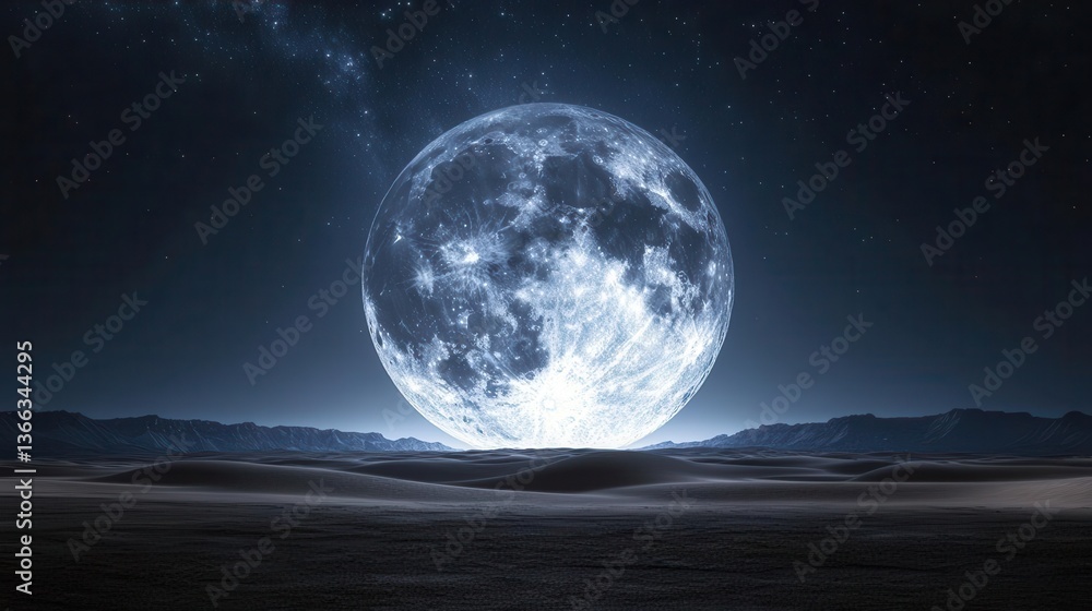 Fototapeta premium Illuminated Full Moon Rising Over Calm Ocean with Starry Night Sky and Expansive Horizon
