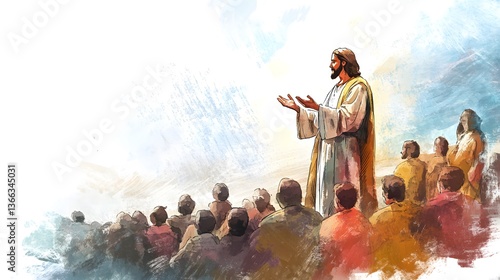 Jesus Preaching Sermon on Mount Biblical Religious Illustration