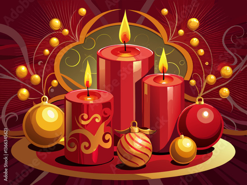 vector of Red candles with golden baubles against maroon backdrop.