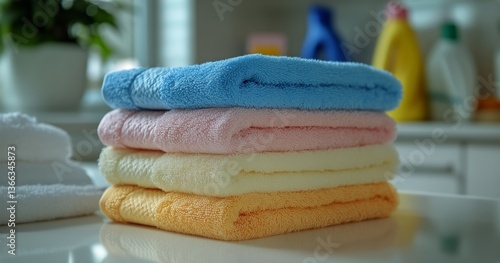 Soft Towels Stacked in a Bright Bathroom, Ready for Use After a Refreshing Sh...