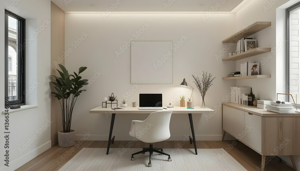 A modern home office with a desk and plant arrangements A modern home office with a desk and plant arrangements