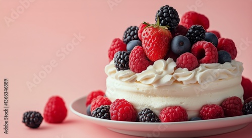 Delicious Berry Cake Topped With Fresh Strawberries and Cream on a Pastel Bac...