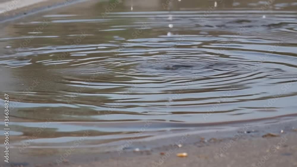 Raindrops creating ripples in a puddle on concrete Raindrops creating ripples in a puddle on concrete