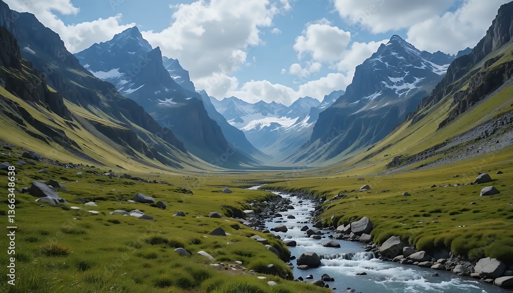 Obraz premium Scenic Valley View with River Flowing Through Green Meadow and Mountains