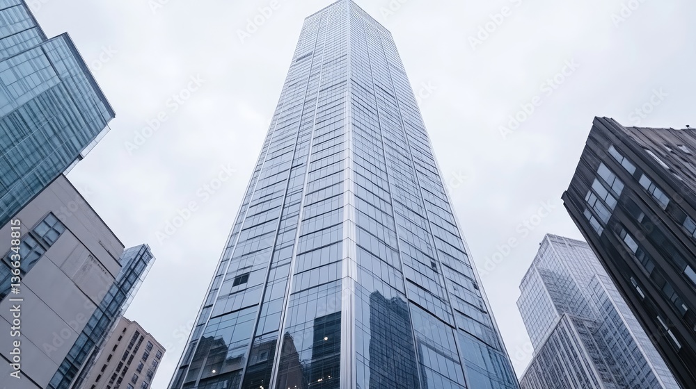 Obraz premium Modern skyscraper amidst urban cityscape. A towering glass high-rise dominates the urban skyline, surrounded by other modern buildings. Glass facade reflects the cloudy sky