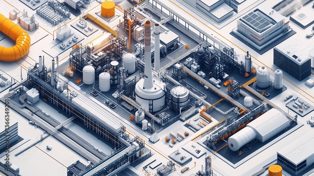 Isometric view of busy chemical and oil processing industry with intricate pipeline network isolated on white background Isometric view of busy chemical and oil processing industry with intricate pipeline network isolated on white background