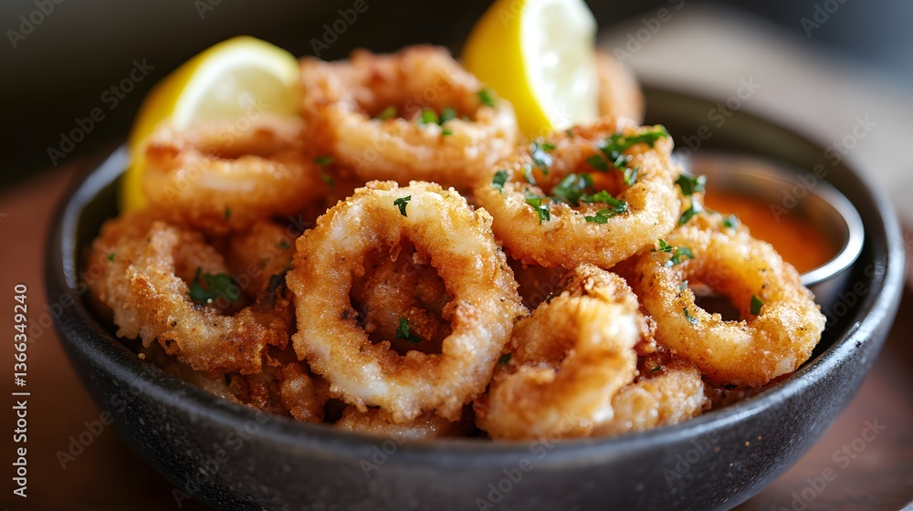 Golden fried calamari rings with lemon and a dipping sauce, capturing the essence of a delicious meal Golden fried calamari rings with lemon and a dipping sauce, capturing the essence of a delicious meal