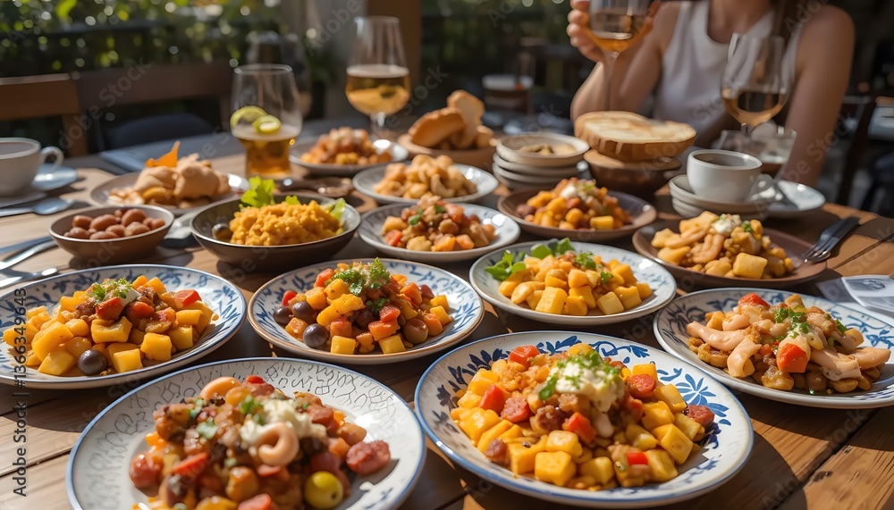A summer tapas spread on a wooden table in Spain, featuring small plates with a variety of dishes such as patatas bravas, olives, chorizo, calamari, and fresh bread. The scene is set outdoors A summer tapas spread on a wooden table in Spain, featuring small plates with a variety of dishes such as patatas bravas, olives, chorizo, calamari, and fresh bread. The scene is set outdoors