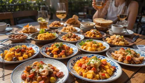 Wallpaper Mural A summer tapas spread on a wooden table in Spain, featuring small plates with a variety of dishes such as patatas bravas, olives, chorizo, calamari, and fresh bread. The scene is set outdoors Torontodigital.ca