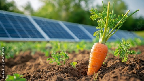 Carrot Growing in Soil Alongside Solar Panels in a Sustainable Farm Setting