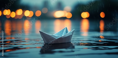 Small Paper Boat Floating on a Calm Water Surface During Twilight in an Urban...
