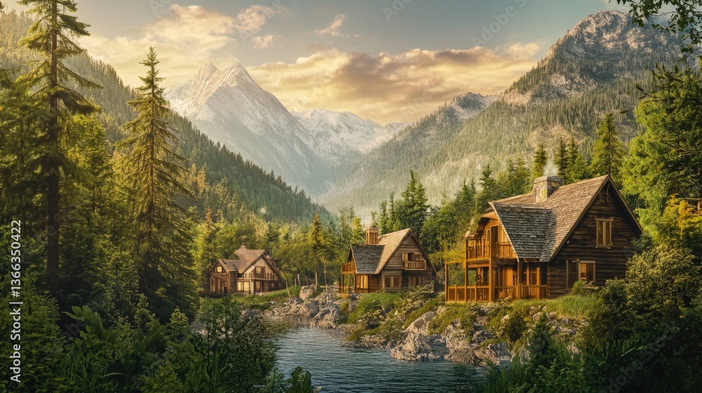 Fototapeta premium Serene Mountain Cabins: Capture the stunning beauty of mountain scenery with charming cabins nestled amongst lush evergreen trees, with tranquil lake.