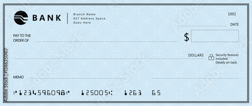Blue Bank check, vector blank money cheque, checkbook template with guilloche pattern and fields. Currency payment coupon, money check background