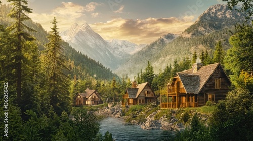 Serene Mountain Cabins: Capture the stunning beauty of mountain scenery with charming cabins nestled amongst lush evergreen trees, with tranquil lake.