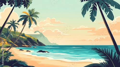 Coastal Paradise: A picturesque beach scene, adorned with palm trees, embraces the tranquil turquoise ocean under a soft, pastel sky, creating a serene escape