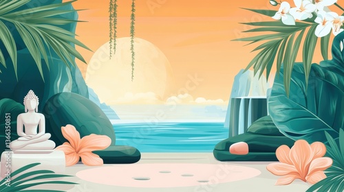 Serene Sanctuary: Digital illustration of a tranquil beach scene featuring a serene Buddha statue nestled among lush tropical flora, overlooking a calm ocean and setting sun.