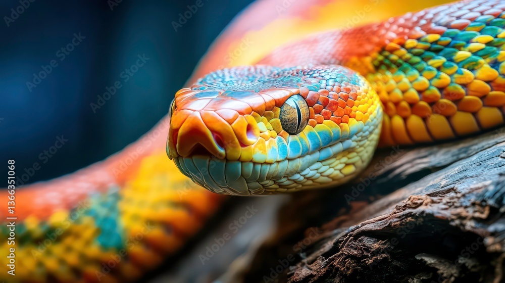Fototapeta premium Colorful snake close-up view on log. Vibrant colors create striking pattern. Tropical wildlife nature scene. Reptile animal. Wildlife photo. Macro detail of colorful snake. Detail focus on snake