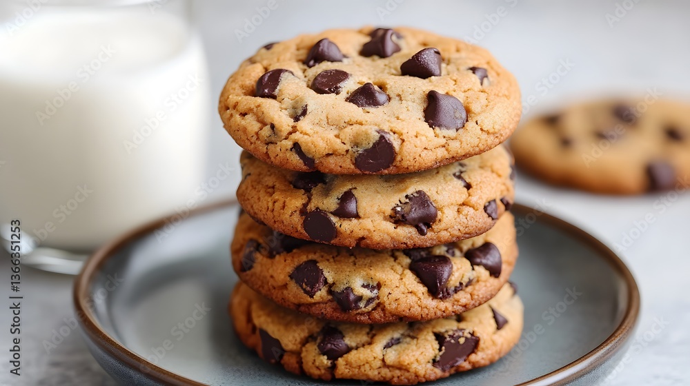 a close-up shot of a stack of four delicious chocolate chip cookies next to a glass of milk, a perfect snack or treat! a close-up shot of a stack of four delicious chocolate chip cookies next to a glass of milk, a perfect snack or treat!