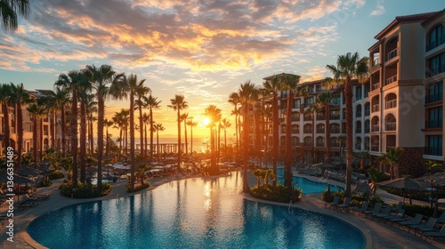 Golden Sunset over Resort: Capturing a picturesque view of resort at the time of sunrise, palm trees lined on both side of the pool with calm sea and sky with clouds.