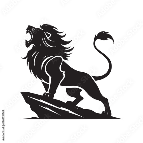 Roaring Lion Animal Standing On A Rock Vector Illustration Silhouette