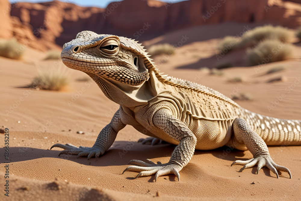 Naklejka premium A desert lizard camouflaged against the sandy terrain, its textured scales blending perfectly into the arid surroundings.