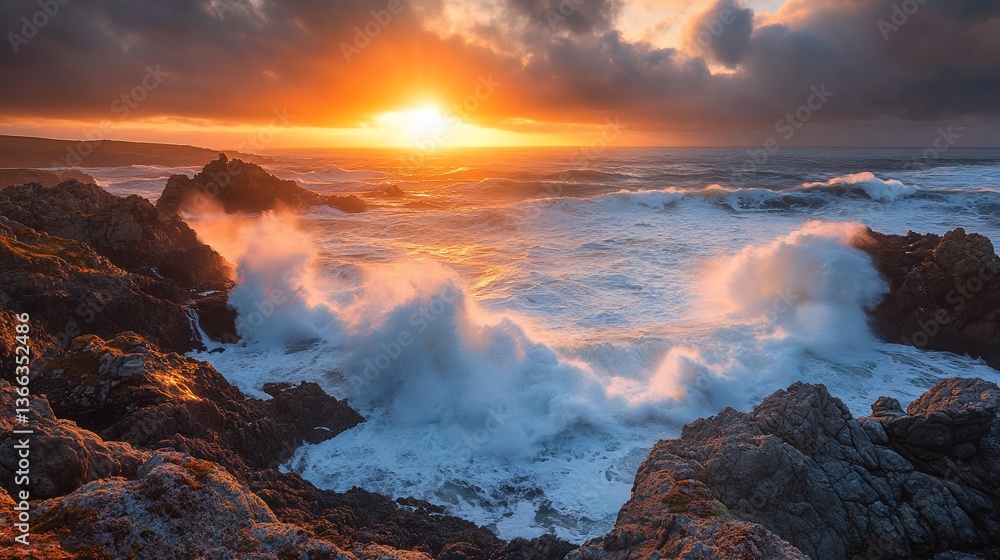 Obraz premium Coastal symphony: Waves clash with rocks under a radiant sunset glow