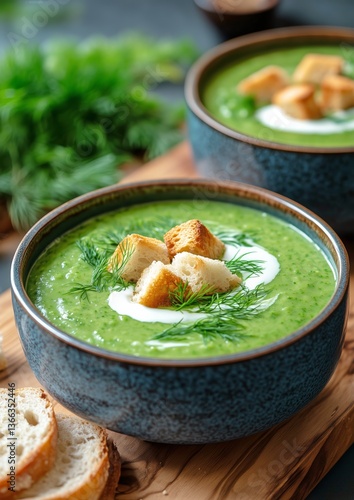 Delicious Green Soup With Croutons and Herbs Served in a Rustic Bowl