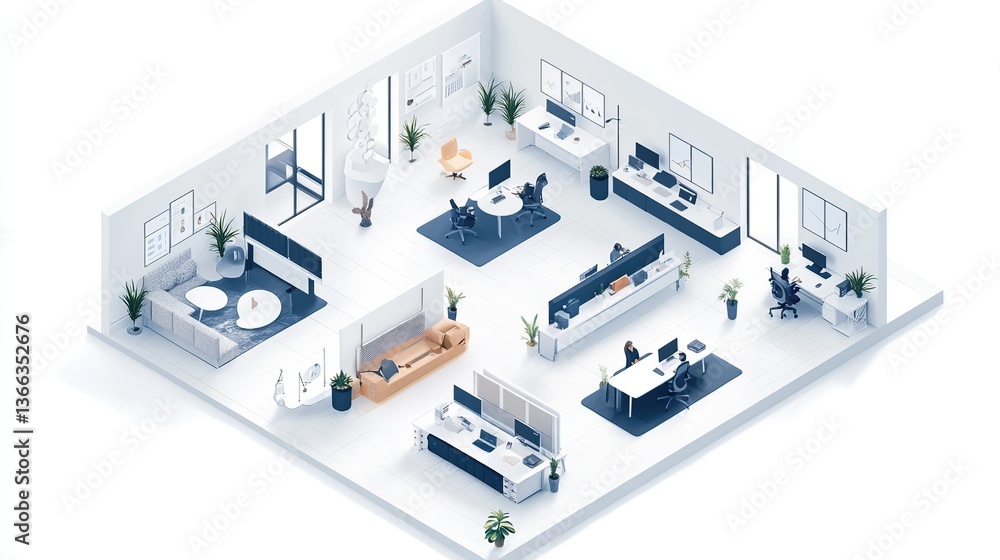 3D isometric of modern business office building with comfortable furniture isolated on white background 3D isometric of modern business office building with comfortable furniture isolated on white background