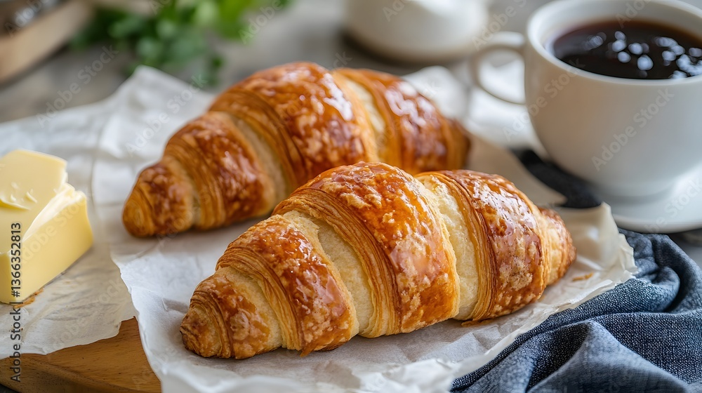 Freshly baked croissants served with butter and coffee, capturing the essence of a delightful breakfast or brunch experience. Freshly baked croissants served with butter and coffee, capturing the essence of a delightful breakfast or brunch experience.
