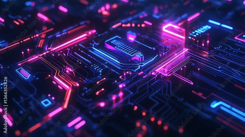Abstract Technological Circuit Board Design with Glowing Neon Lights for Modern Backgrounds and Visualizations. Abstract Technological Circuit Board Design with Glowing Neon Lights for Modern Backgrounds and Visualizations.