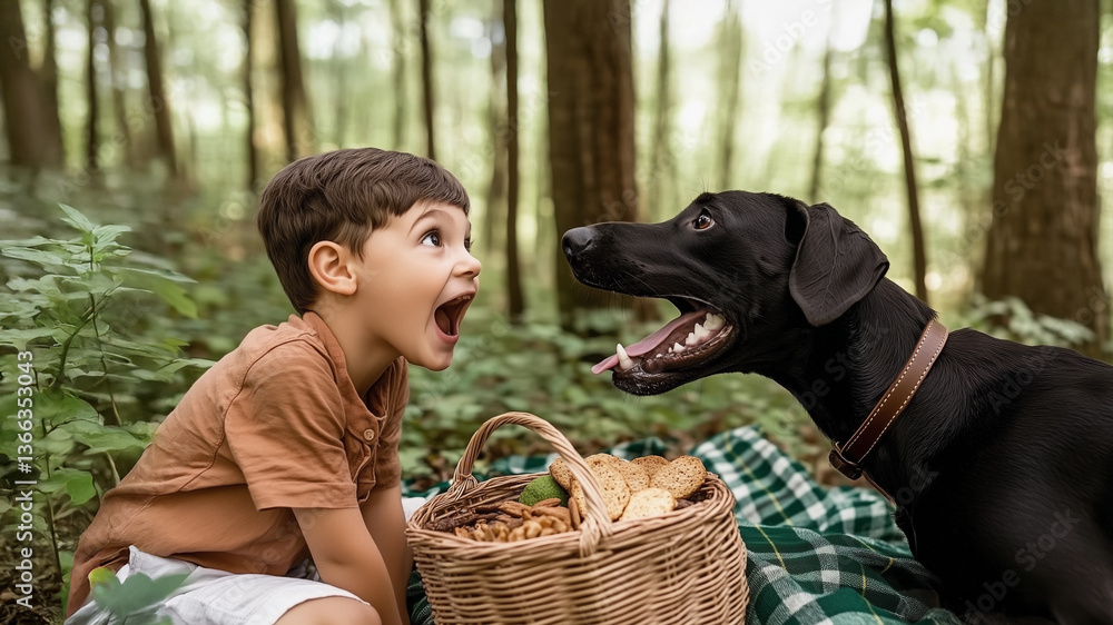 Playful boy with mouth open laughing while playing with his dog during a picnic in the park outdoors, enjoying the environment and childhood in nature with his pet