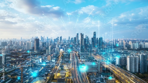 Fototapeta Naklejka Na Ścianę i Meble -  An AI powered system optimizing urban planning by analyzing real time population density and traffic flow, futuristic smart city development hub with AI-driven urban design, Urban technology style