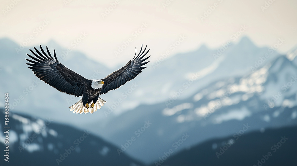 Obraz premium Majestic Eagle Soaring Over Snowy Mountains with Clear Skies and Space for Text
