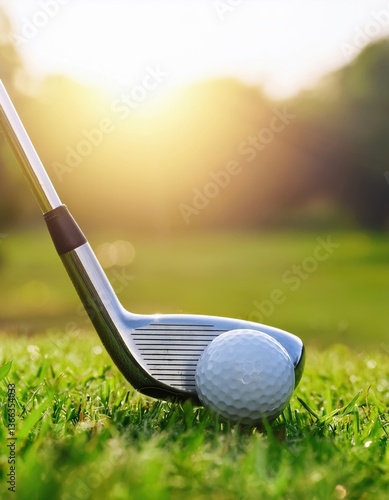 Golf club and ball on lush green grass at sunrise