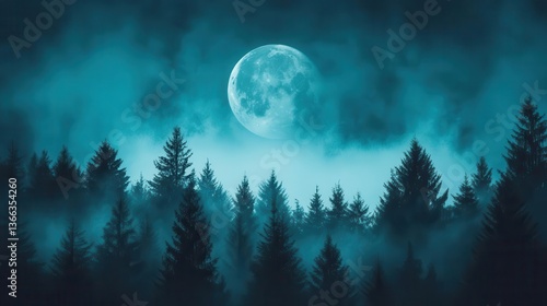 Wallpaper Mural Mystical Night Forest Under Full Moon Illuminated by Fog and Misty Blue Atmosphere Torontodigital.ca