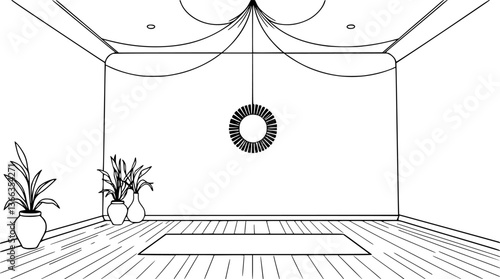 Outline of a yoga studio with meditation space calm and minimalist vector illustration.