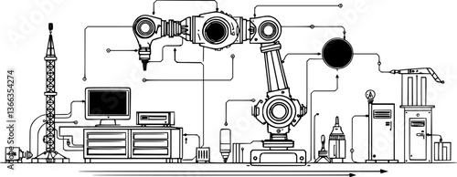 Outline of an AI-powered robotic factory minimal futuristic industrial automation vector design
