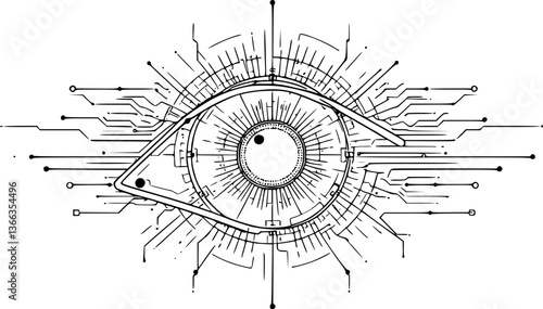 Outline of an AI-powered eye minimal biometric scan technology vector art.
